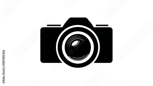 A basic camera icon in black and white, featuring a lens and a body, on a white background