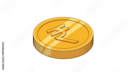 Isometric illustration of a gold coin featuring the Indian Rupee symbol representing currency and financial wealth.