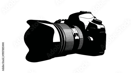 A detailed, stylized black-and-white depiction of a camera, lens prominently featured