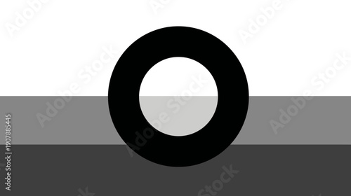 A minimalist design featuring a black circle over three horizontal grey bands and white above