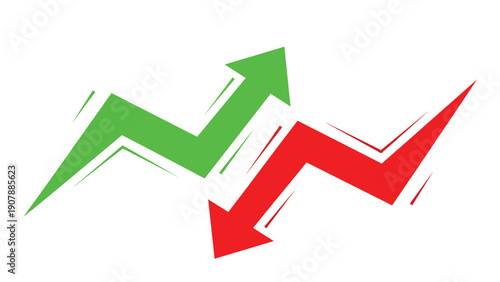 Dynamic stylized green upward arrow and red downward arrow representing market fluctuations and financial trends.