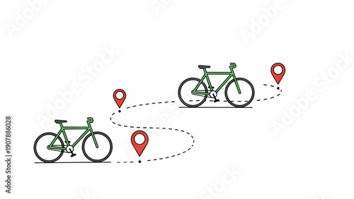 Illustration showing bicycle route tracking with green bikes and red location pins on a dotted path for fitness.