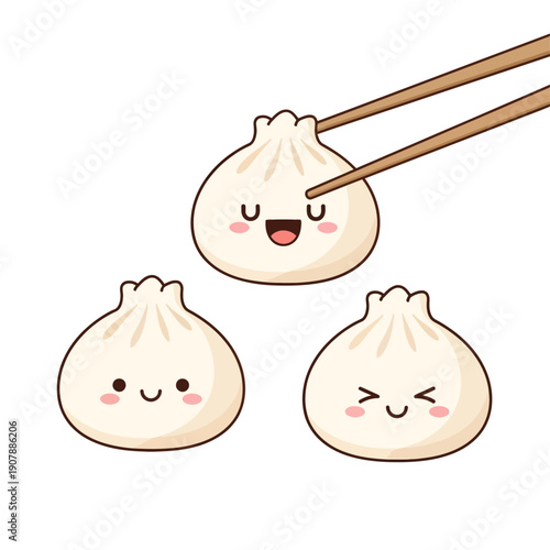 A playful trio of adorable baozi dumplings shares a moment of joy as the happiest one is gently lifted by a pair of wooden chopsticks