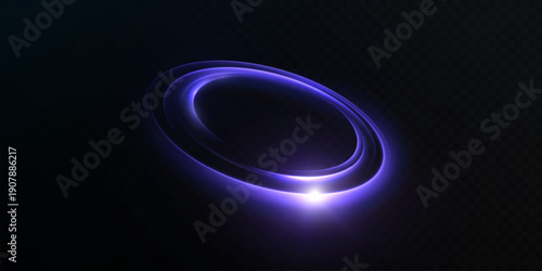 Glowing purple neon ring portal with bright flare and soft motion blur on dark background. Abstract energy halo for science fiction interfaces and magic effects.