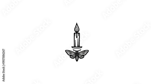 A candle with flame sits above a moth with outstretched wings, both rendered in black