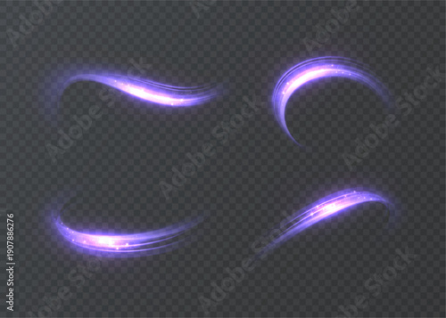 A set of bright, glowing purple neon strokes and swirls on a dark background. Vector light trails for magic, science fiction, and motion effects.
