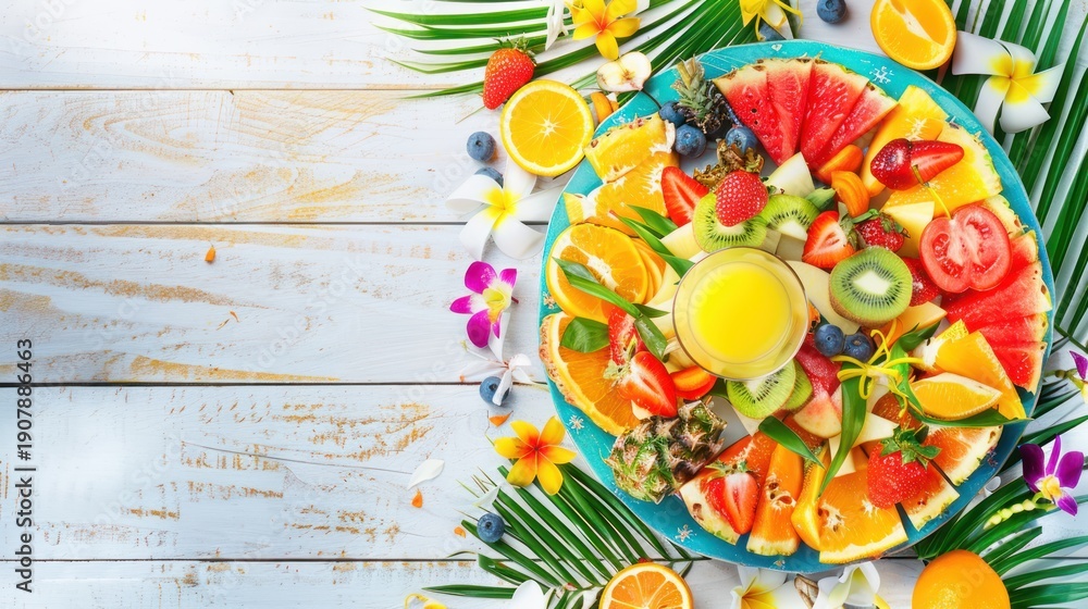 Fototapeta premium Colorful Fruit Platter with Juicy Watermelon Strawberries and Blueberries Surrounded by Tropical Flowers on White Wooden Table