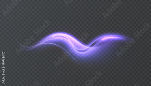 A glowing purple neon wave trail with a soft glow, isolated on a dark background. An abstract glowing vortex for magical effects, overlays in design and illustrations. Vector.