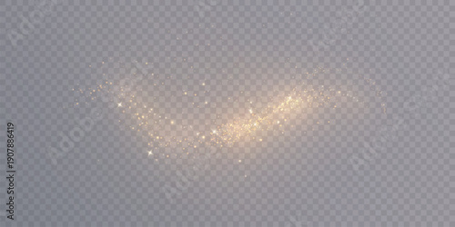 Soft golden glitter dust with sparkles and bokeh haze, isolated on transparent. Abstract light particle trail for magic overlays, shine and glow effects. Vector.