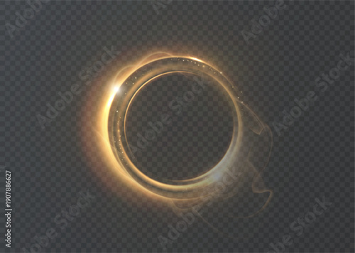 
A golden glowing portal ring with light streaks and a plasma aura, for a dark background. An abstract frame in the form of an energy circle for overlaying visual effects.
