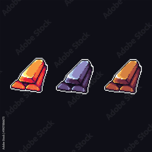 this is goldbars,silverbars and copperbar in pixel art with colorful color ,this item good for presentations,stickers, icons, t shirt design,game asset,logo and your project.