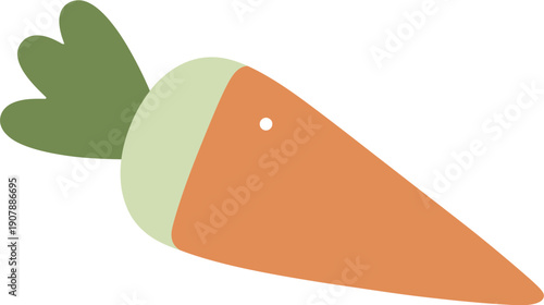 A whimsical, flat design illustration of an orange carrot with green leaves. Includes a dot