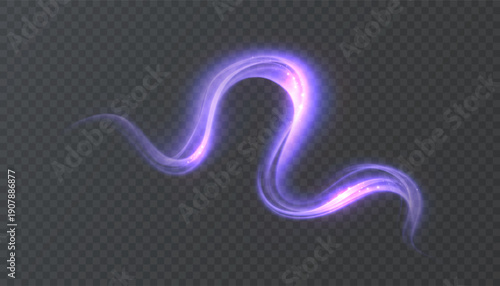 A wavy purple neon light strip with a bright glow and blur effect, isolated on a transparent background. An abstract glowing curve for light overlays.