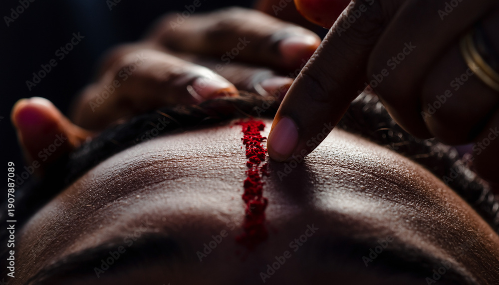 Fototapeta premium Extreme close-up of a hand applying red ceremonial powder (tilak or kumkum) to the forehead, signifying a cultural tradition or ritual blessing.