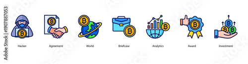 Global Investment web banner vector illustration featuring Hacker, Agreement, World, Briefcase, Analytics, Award, and Investment.