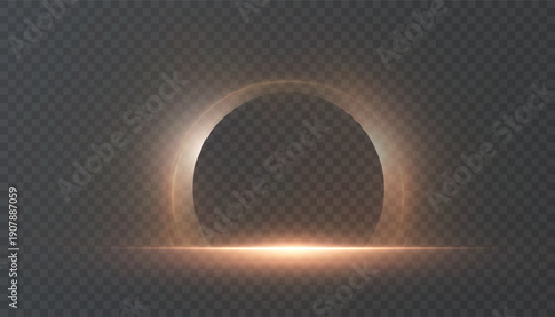 An abstract golden glowing portal, a magical light arch and a neon round frame on a dark background.