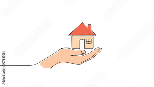 Continuous line drawing showing a hand supporting a small house symbolizing real estate, home, and safety.
