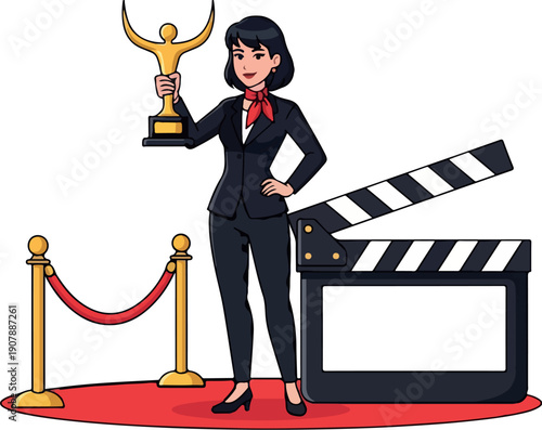 Flat 2D vector, Film Director With Trophy and Clapperboard Isolated on Transparent Background