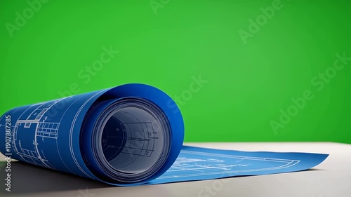 Wallpaper Mural Architectural Blueprint Roll on Table with Green Screen Background Torontodigital.ca