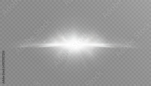 White horizontal lens flare with soft glow and subtle haze, isolated on transparent background. Clean light beam glare for overlays, titles and cinematic VFX.

