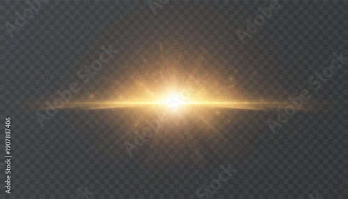Golden sunrise lens flare with bright horizontal light beam and soft glow, isolated on transparent background. Cinematic sunlight glare for overlays, titles and VFX.
