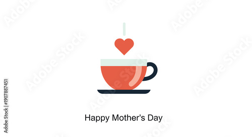 Minimalist heartfelt illustration: teacup with a red heart rising from its steam with Happy Mother's Day text conveying warmth and love, Generative AI.