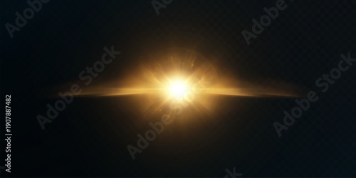 A bright cosmic explosion of stellar energy with a golden glow and a horizontal beam of light on a dark background. Abstract vector light effect.
