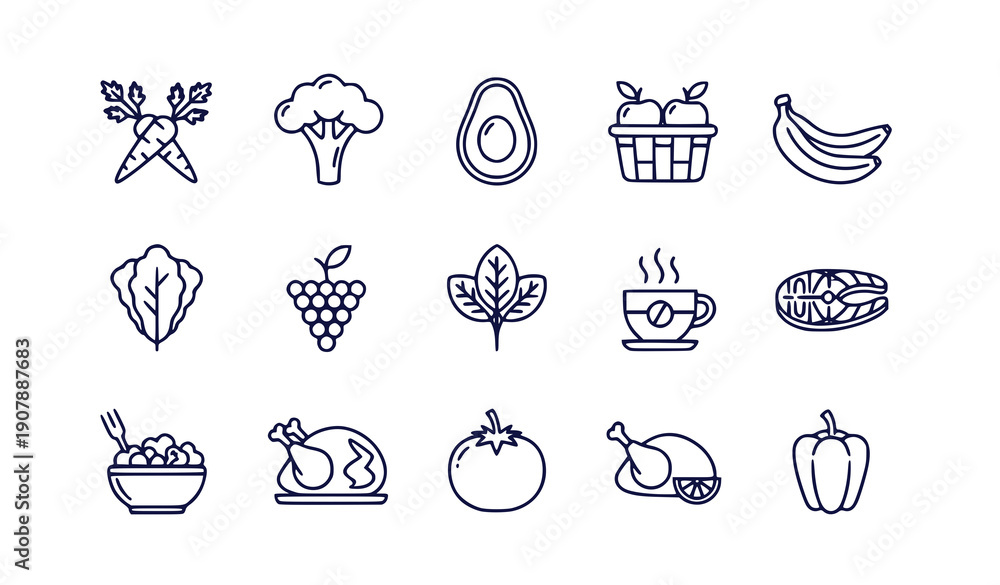 Fototapeta premium Set of fresh fruits vegetables and coffee flat design vector illustration icons scalable