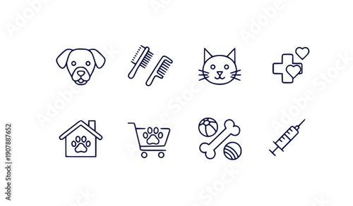 Pet Care Icons Vector Set: Dog, Cat, Vet Cross, Home, Shop, Bone, Toys, Syringe - Flat Design
