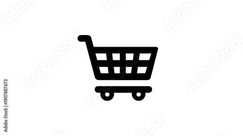 A minimalist icon of a shopping cart, rendered in solid black against a pristine white backdrop