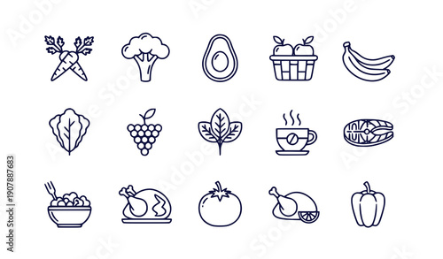 Set of fresh fruits vegetables and coffee flat design vector illustration icons scalable