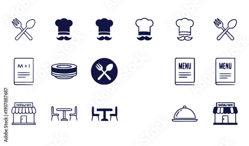 Restaurant icons set with chef hat, cutlery, menu, and building vector illustration flat design