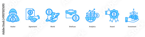 Global Investment web banner vector illustration featuring Hacker, Agreement, World, Briefcase, Analytics, Award, and Investment.