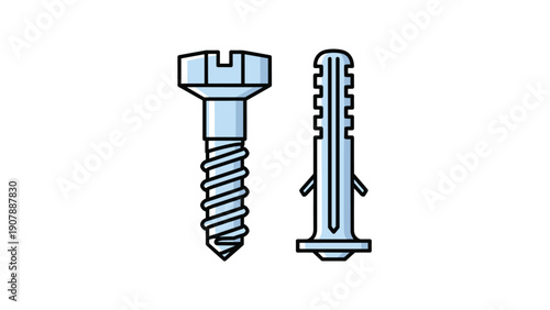 Blue screw and plastic wall plug anchor bolt icons presented as flat technical illustrations for hardware and construction concepts.