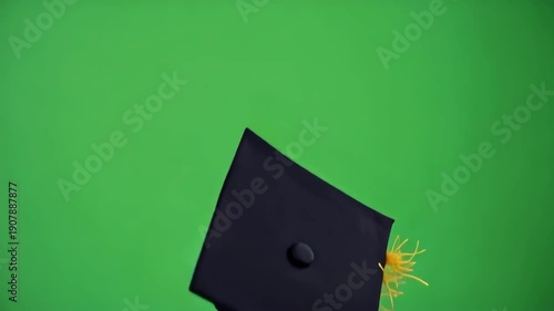 Wallpaper Mural Black Graduation Cap with Yellow Tassel Flying on Green Screen Torontodigital.ca