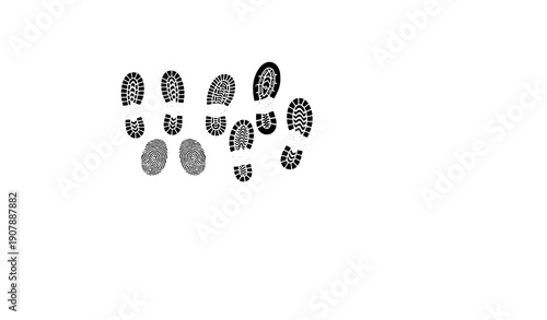 Collection of various black footprints and foot sole prints on white background vector illustration
