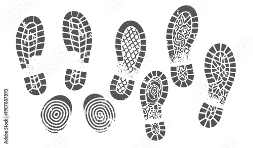 Collection of various footwear footprints in monochrome vector illustration