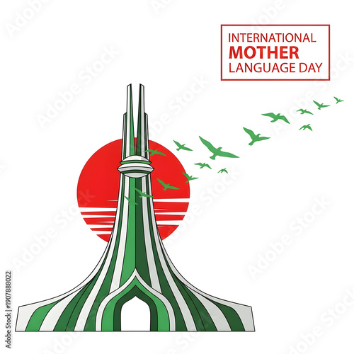Vibrant illustration celebrating International Mother Language Day with iconic tower and flying birds