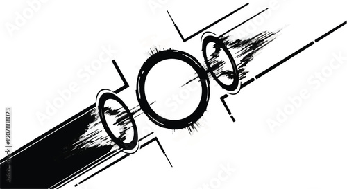 Stylized abstract gear mechanism illustration with interconnected rings and lines on white background for design engineering concept