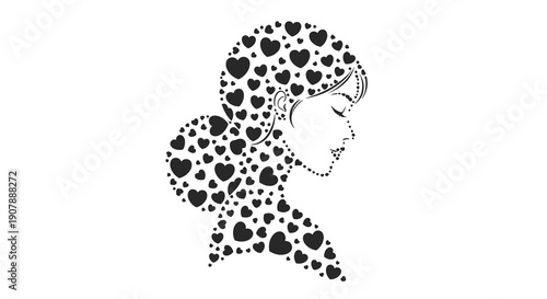 Stylized monochromatic profile: graceful woman's head formed by black hearts symbolizing profound love elegance and deep maternal affection, Generative AI.