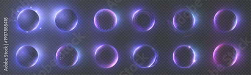 Glowing neon ring frames set with blue and purple gradient halos, isolated on transparent background. Futuristic circular UI elements and portal outlines for overlays and VFX.