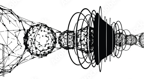 Abstract network tunnel structure with geometric shapes and lines, futuristic concept illustration for technology and innovation