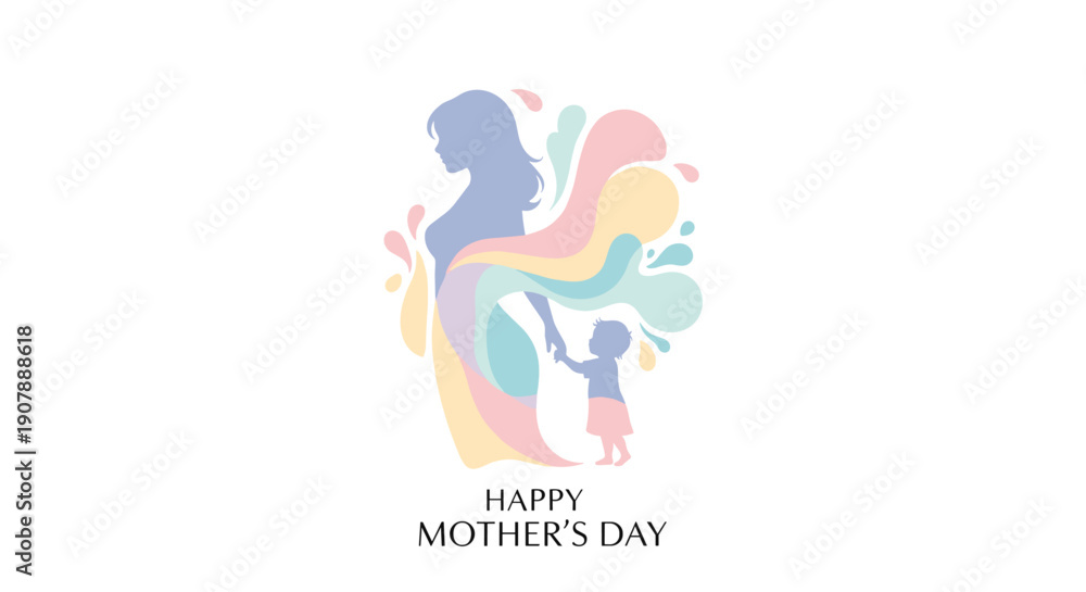 Fototapeta premium Vibrant silhouette: mother and child enveloped by colorful abstract shapes proclaiming Happy Mother's Day symbolizing nurturing love and joy, Generative AI.