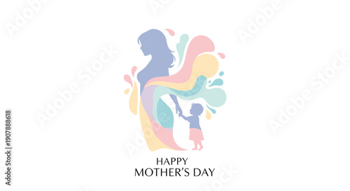 Vibrant silhouette: mother and child enveloped by colorful abstract shapes proclaiming Happy Mother's Day symbolizing nurturing love and joy, Generative AI.