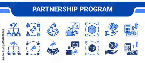 Partnership Program Icon Collection,  featuring Affiliate, Affiliate Marketing, Sponsorship, Influencer, Distribution, Revenue, Profit.