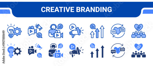 Creative Branding Icon Collection,  featuring Innovation, Storytelling, Content Creator, Video Marketing, Trending, Engagement, Public Relation.