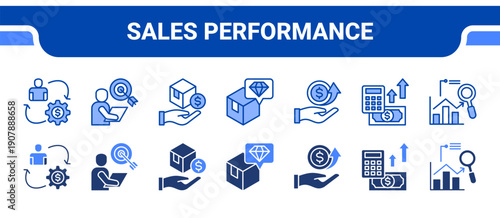 Sales Performance Icon Collection,  featuring Conversion, Target, Pricing, Value Proposition, Revenue, Profit, Analysis.