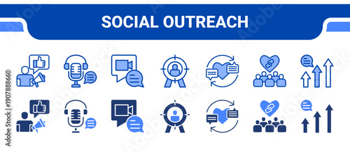 Social Outreach Icon Collection,  featuring Influencer, Podcast, Video Chat, Audience, Engagement, Public Relation, Trending.