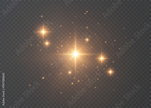 A golden star sparkling with bright sparks and dust particles, isolated on a transparent background. A warm stellar explosion for festive overlays, magical effects, and bokeh scenes.