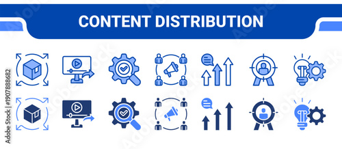 Content Distribution Icon Collection,  featuring Distribution, Video Sharing, Search Engine, Affiliate Marketing, Trending, Audience, Innovation.